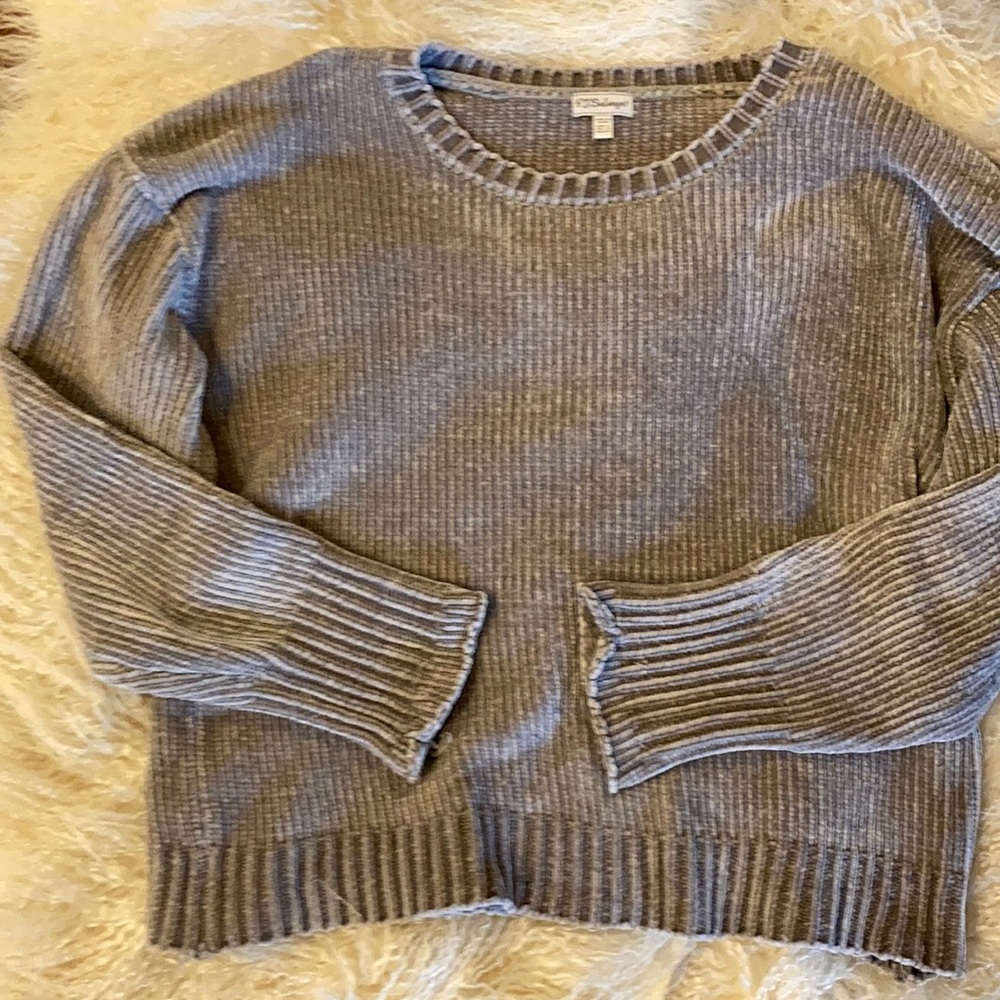 Silver/Gray chenille boxy, slightly cropped sweater.